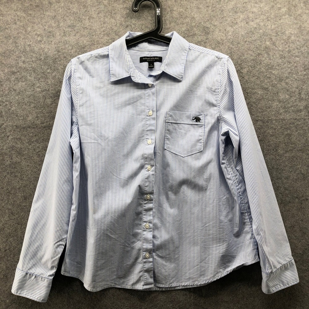 Banana Republic Quinn Boy Fit Shirt Womens S Blue Striped Long Sleeve Poplin